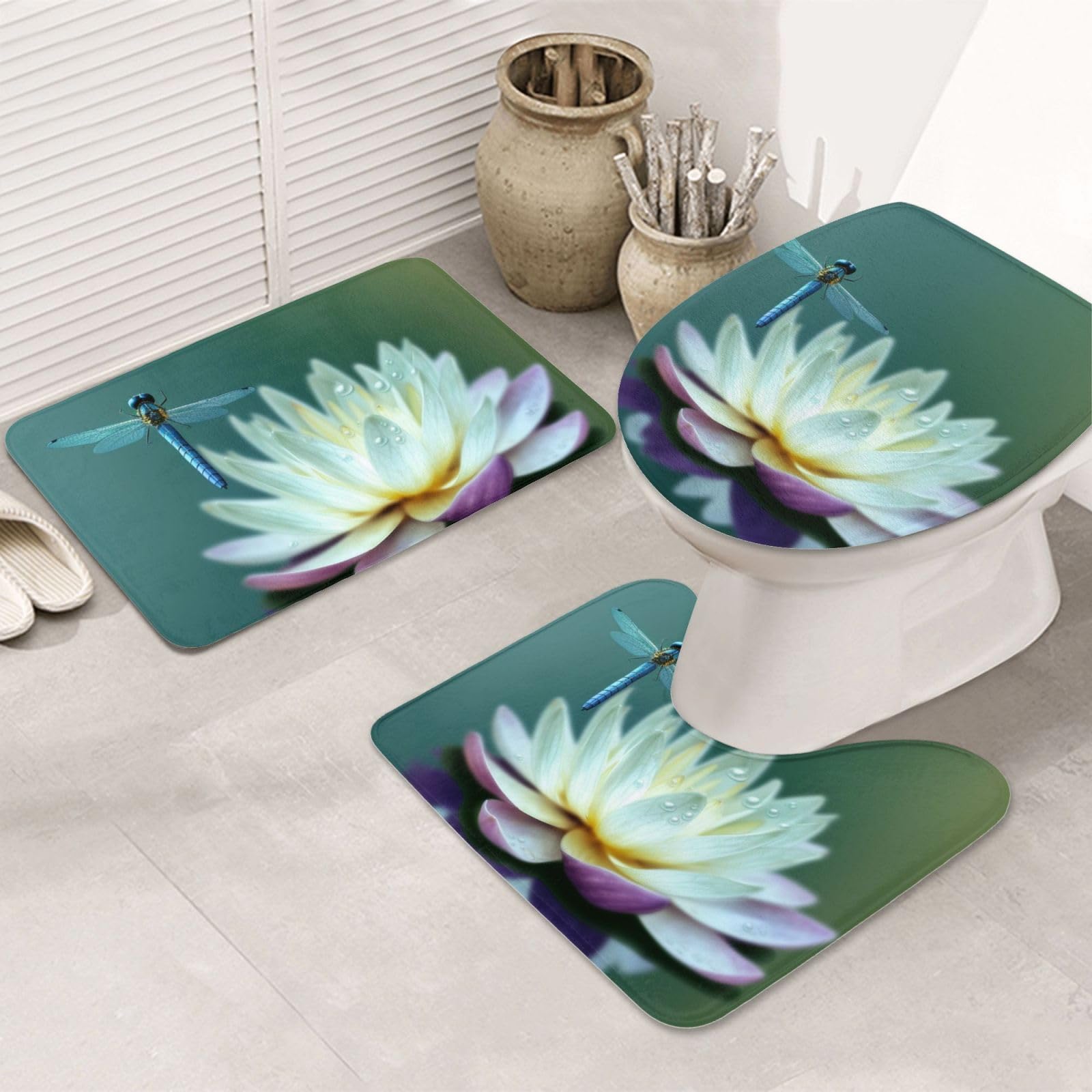 Tapis de bain antidérapants lot de 3 avec contour U et housse flanelle motif libellule