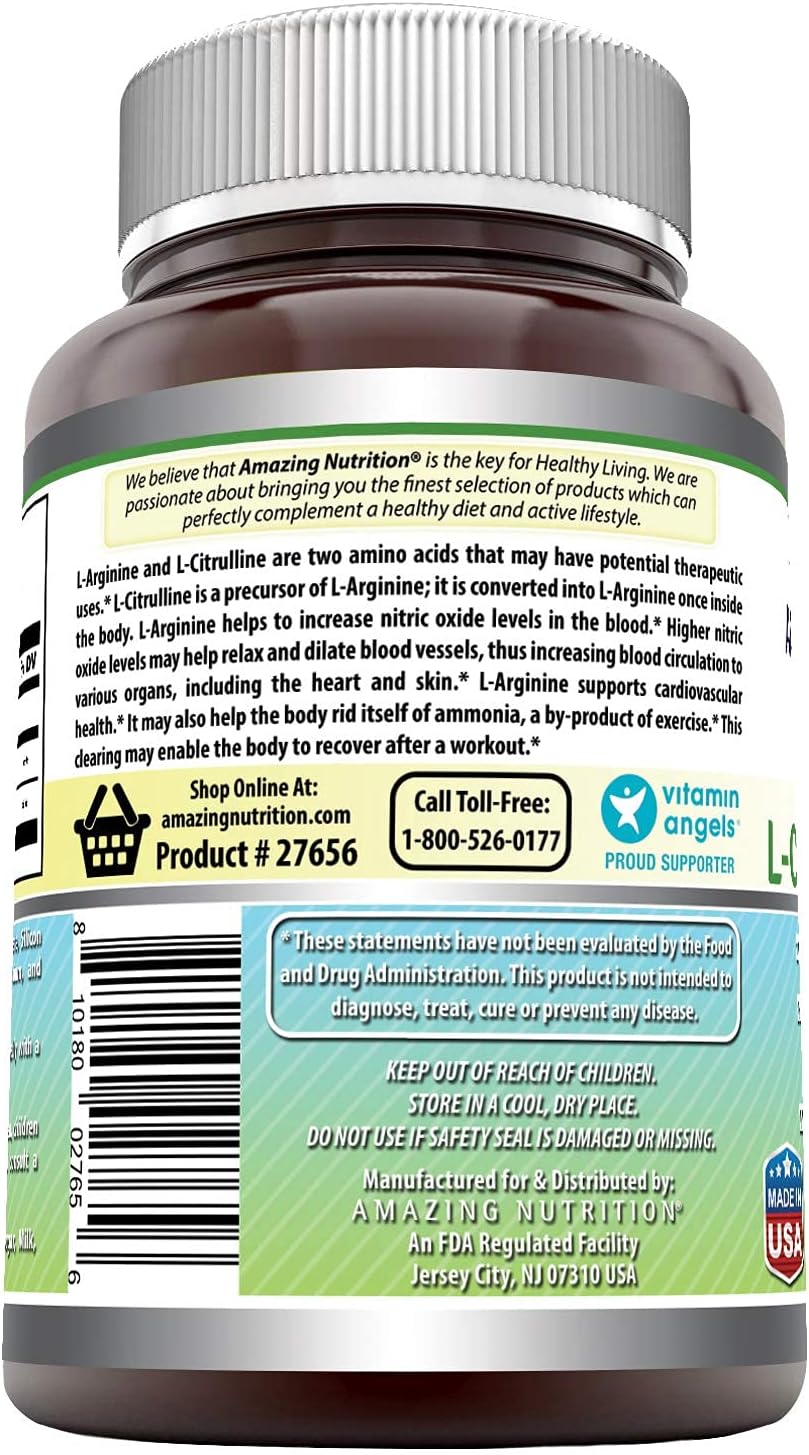 Amazing Nutrition L-Arginine/L-Citrulline Complex 1000 Mg Combines Two Amino Acids with Potential Health Benefits Supports Energy Production (120 Tablets) (Non-GMO,Gluten Free) : Health & Household