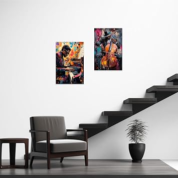 CCWACPP 2 Pieces Music Wall Art Prints Black Jazz Canvas Pictures African American Music Painting Musical Theme Room Bar Pub Home Decor Framed (16x24x2)