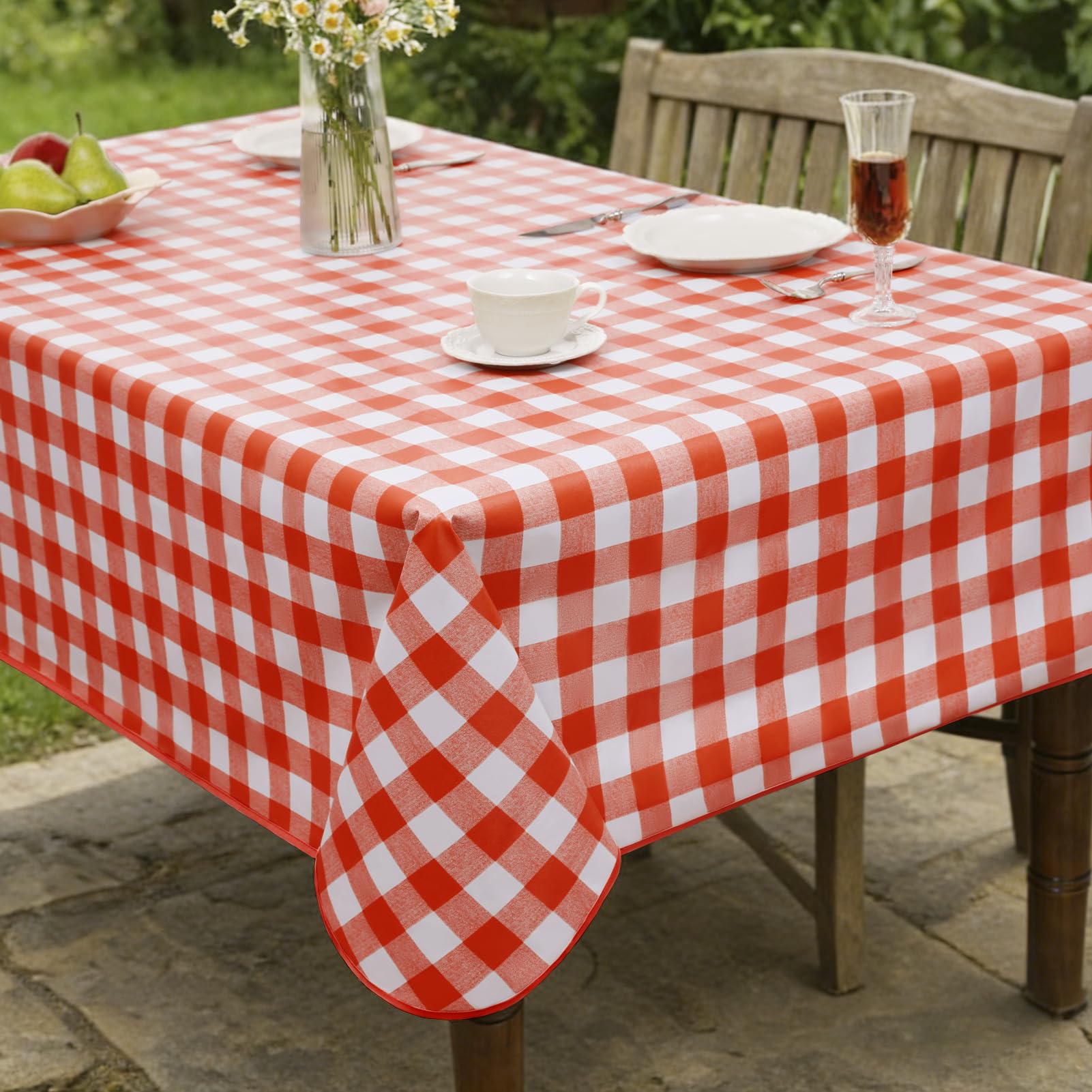 FIBORIA Red Gingham Outdoor Vinyl Table Cloth Waterproof Wipeable Rectangle 140×200 cm PVC Table Cover Oilcloth for Patio Dining, Garden Party,Kitchen,Spring Easter,Summer BBQ Picnic,Kids Craft Table