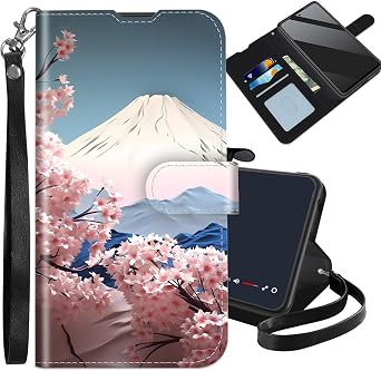 for iPhone 16e Wallet Case 6.1" 2025 with Card Holder Slots Wrist Strap RFID Blocking PU Leather Folio Flip Kickstand Cover Japanese Pink Cherry Blossom Shockproof Case for iPhone 16e