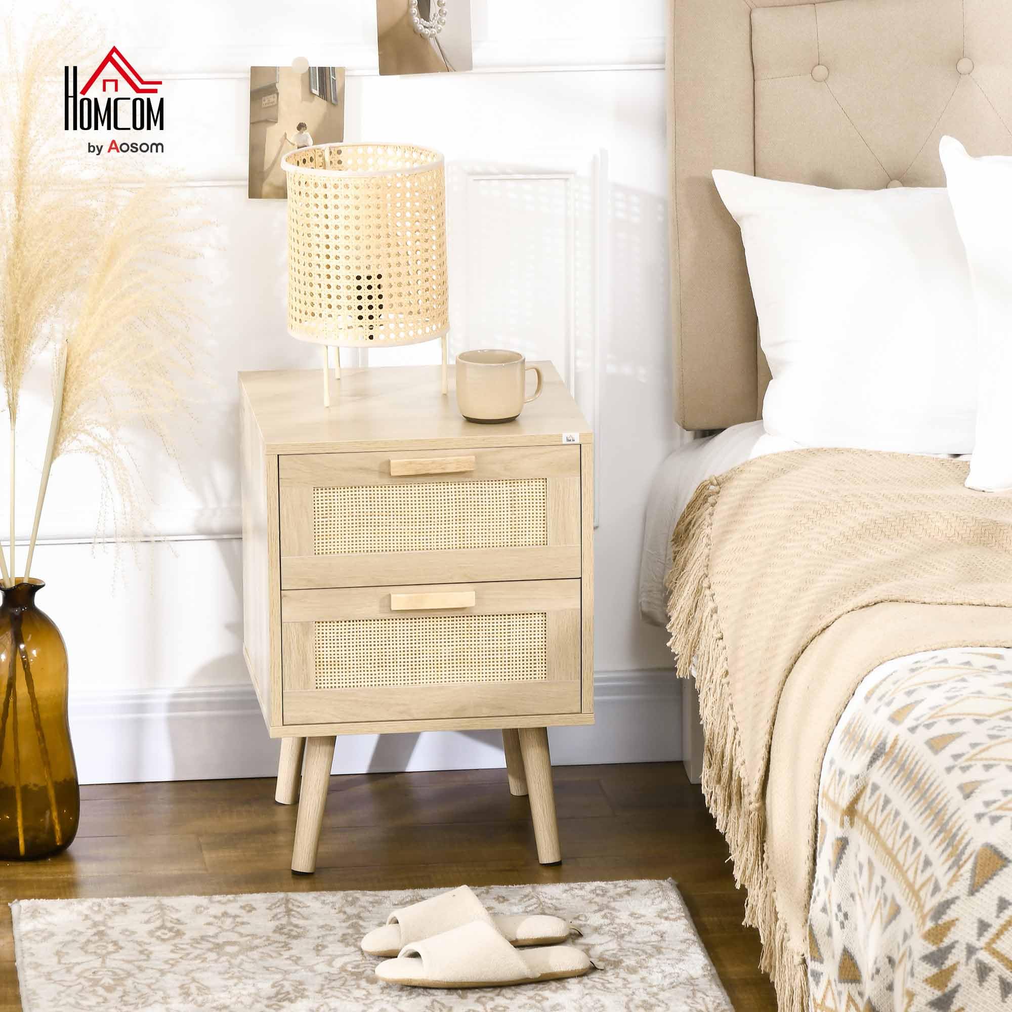 HOMCOM Mesita de Noche de Diseño Boho Mesilla de Noche con 2 Cajones de Rejilla y Patas de Madera para Salón Dormitorio 40x40x56 cm Natural