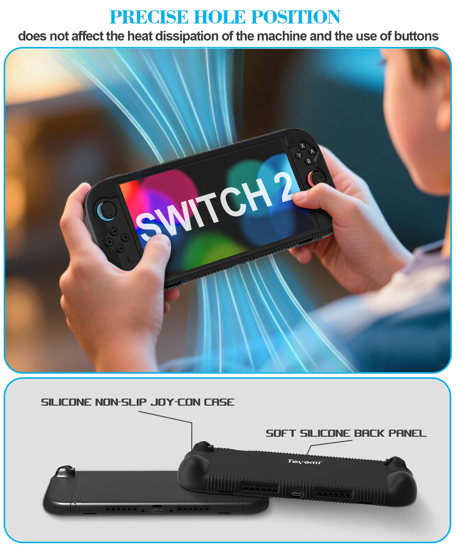 Teyomi Funda protectora de silicona compatible con Nintendo Switch 2, Carcasa para Nintendo Switch 2 con protector de pantalla de vidrio templado, Estuche con agarre ergonómico (Negro) — view 6