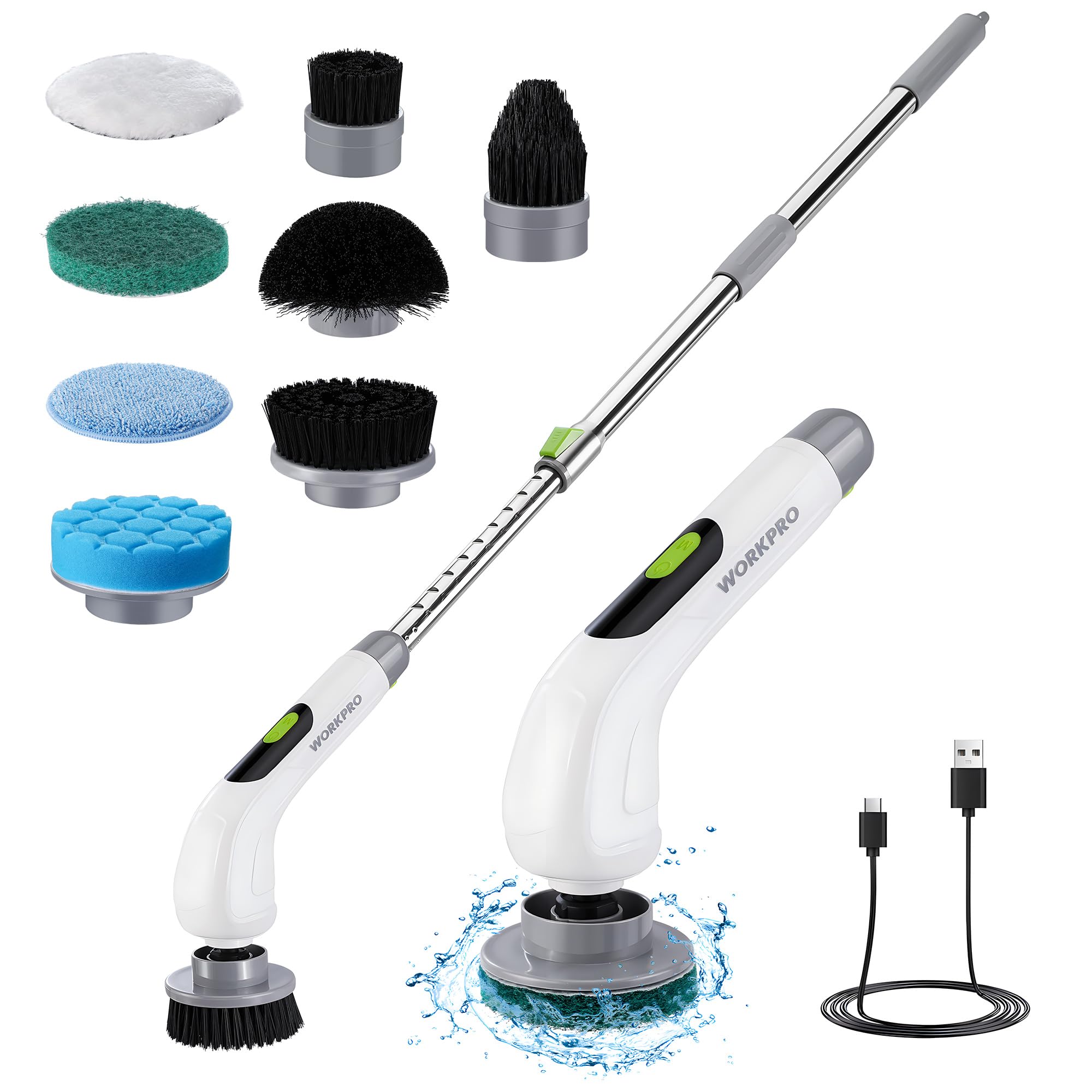 WORKPRO Electric Spin Scrubber, Cordless Cleaning Brush, 3-Speed, Long Adjustable Handle & 8 Replaceable Brush Heads, Waterproof Scrubber for Bathroom, Kitchen, Bathtub, and Floor, for Women
