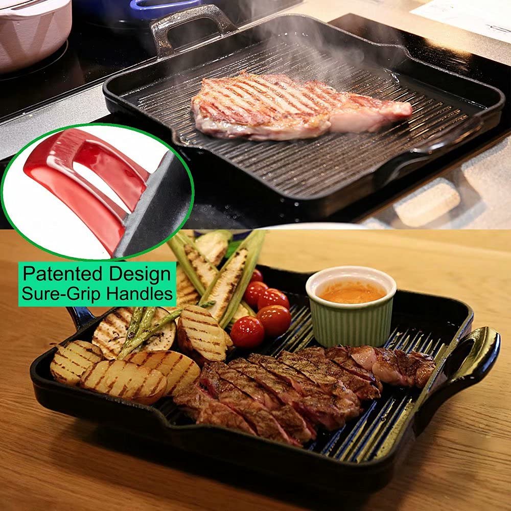 La Cuisine 7100 Enameled Cast Iron Rectangular Grill Pan, Griddle Pan - 11.4 x 10.2 x 1 Inches 2-Tone RED Porcelain Enamel Coating Finish Exterior