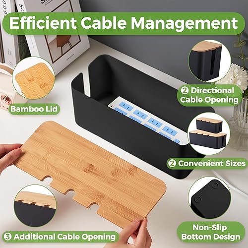 Miniatura 2 de Caja organizadora de cables, color negro, paquete de 2, caja de gestión de cables de madera con soportes para clips para cables y bridas