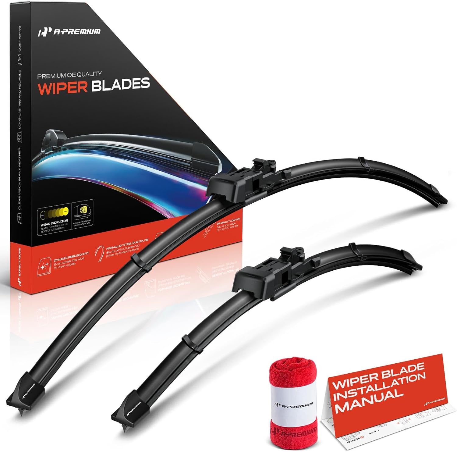 A-Premium Pack of 2 Windshield Wiper Blades with Wear Indicator & Towel - Compatible with Cadillac SRX 2010-2016 - 26" and 17", TLP Connector, Left and Right