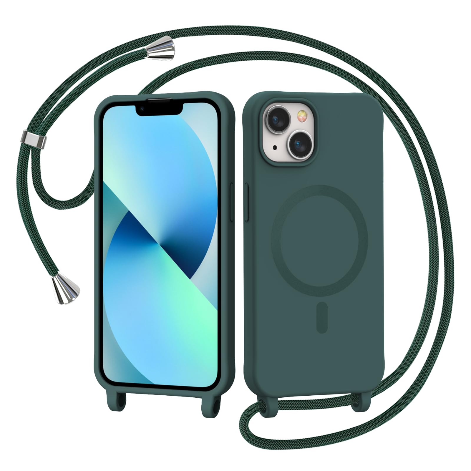 AOMYKE Handyband für iPhone 13 / iPhone 14 Hülle mit Band, Magnetisch Handyhülle kompatibel mit Magsafe zum Umhängen Schutzhülle mit Kette Kordel Weich TPU Liquid Silikon Case，Grün