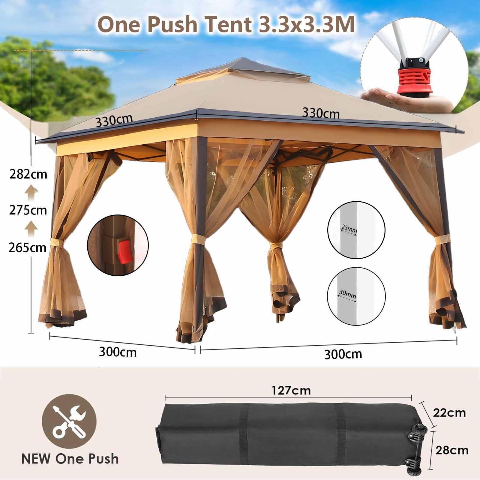 Gazebo da giardino 3,3x3,3 m, padiglione per esterni resistente con tetto a due livelli e pareti laterali in rete, struttura in metallo, per patio, cortile, feste,Gray-3cmlegs
