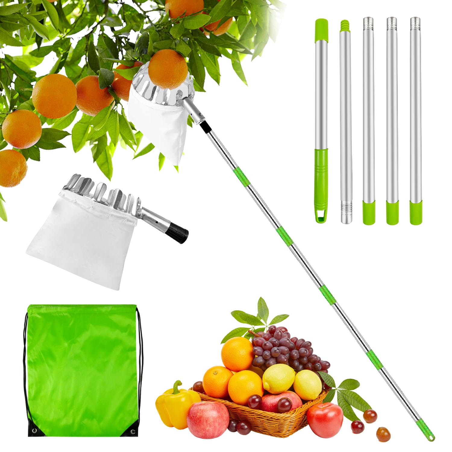 Recoge Frutas Telescopico, 2,2 m Recogedor De Frutas, Recolector De Frutas, Recogedor de Frutas con Varillas de Extensión,Recoge Frutas de árboles,Frutas Herramientas Recolectoras