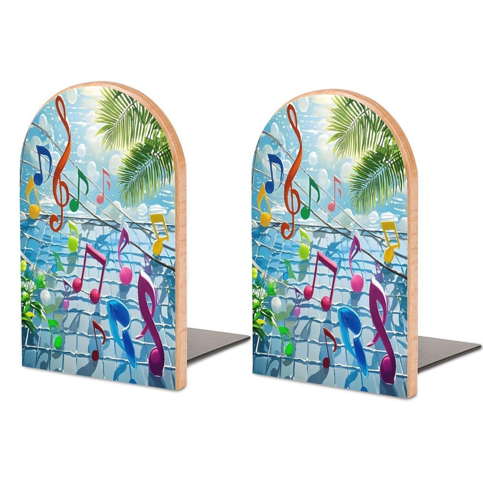 Musical Notes Book Ends Wood Non-Skid Bookend for Shelves Heavy Duty Bookends with Metal Base Decorative Books Stopper Desk Organizers Book Dividers for Office Home 1 Pair