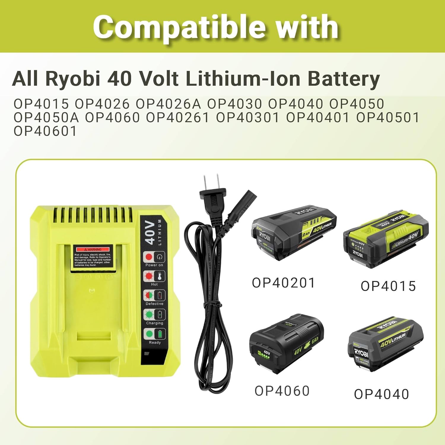 Replacement Charger for Ryobi 40V Battery, OP401 Fast Charger Compatible with Ryobi 40V Lithium Battery OP4040 OP4050 OP4050A OP40601 OP4026 OP4015 OP4030