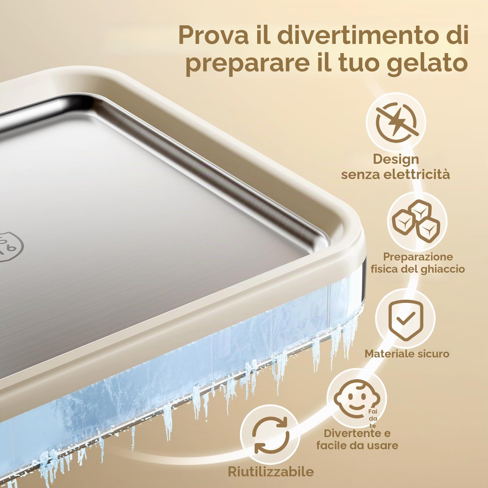 Gelatiera arrotolata, vassoio per gelato istantaneo con coperchio e 2 spatole, piastra fredda in acciaio inossidabile di alta qualità per uso alimentare, senza elettricità, per divertenti