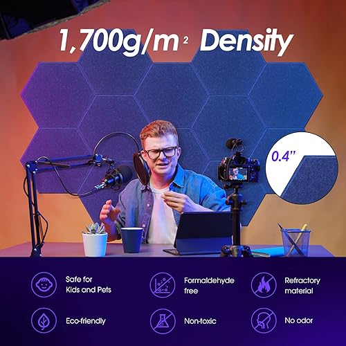 Miniatura 5 de Tao.space Paneles acústicos, paquete de 12 paneles de pared autoadhesivos insonorizados hexagonales, 14 x 12 x 0.4 pulgadas, paneles de pared