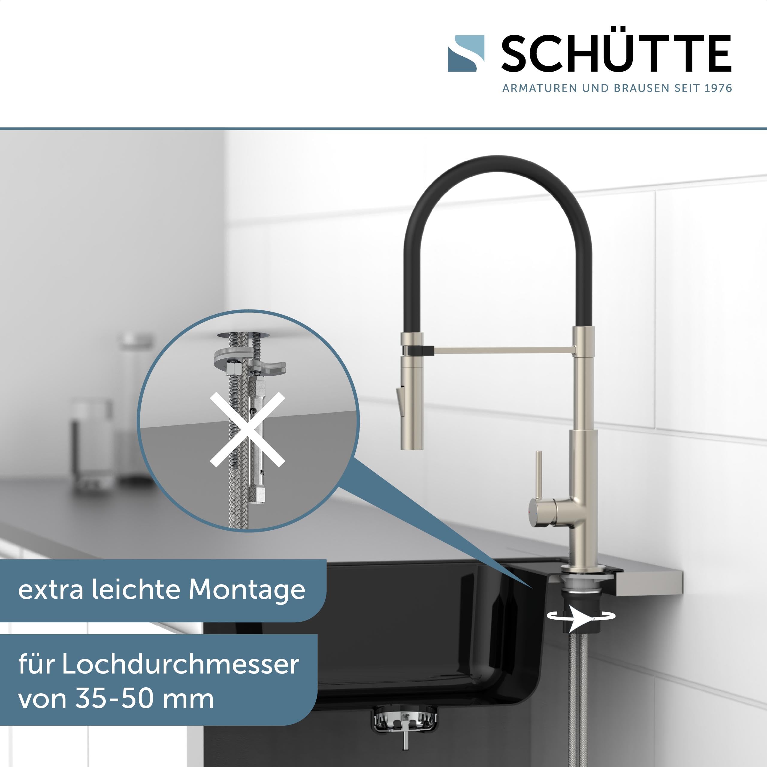 Schütte 23138 Design Spültischarmatur mit auswechselbaren Soft Touch Schlauch, 360 Grad schwenkbarer Wasserhahn für die Küche, Küchenarmatur Einhebelmischer, Mischbatterie in Edelstahl/Schwarz