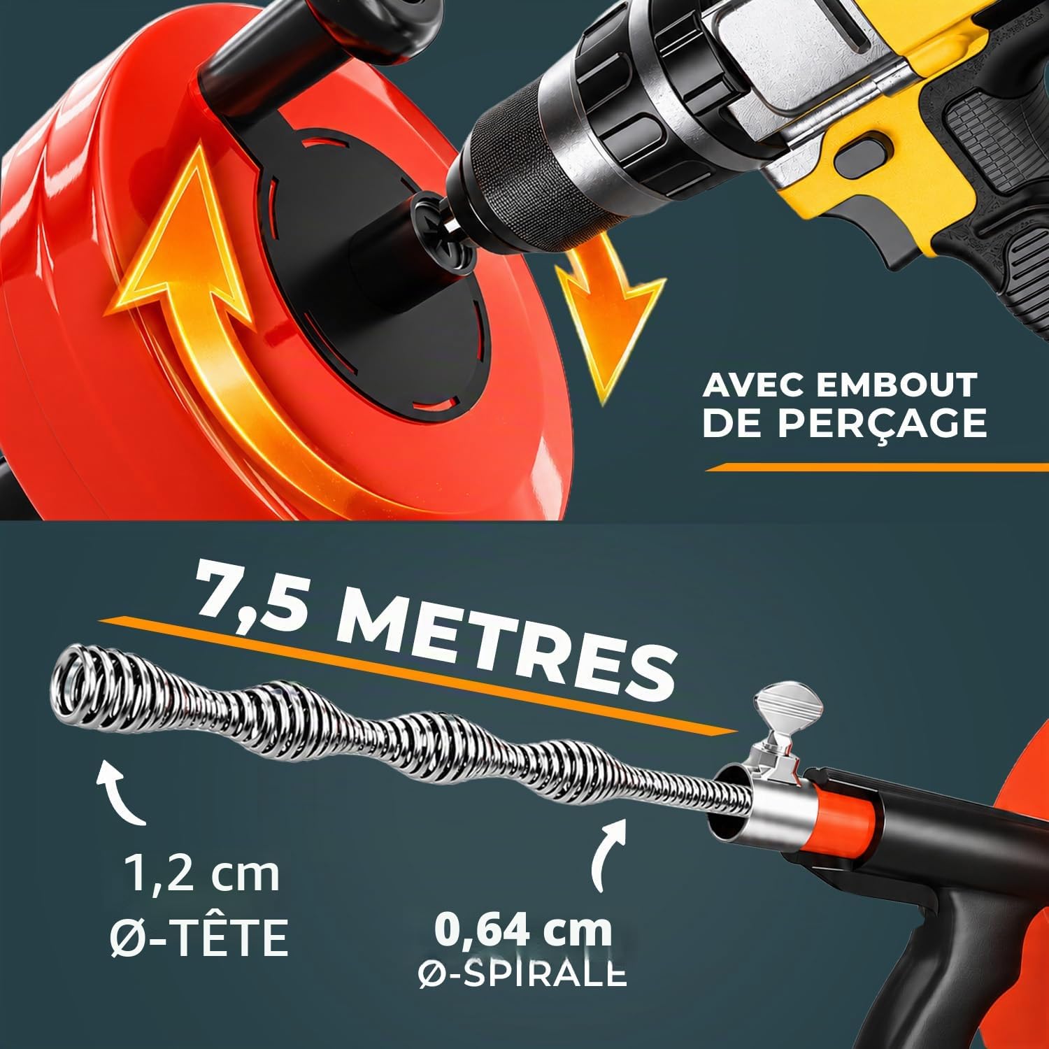 Meisterfaktur Spirale de nettoyage de tuyaux [7,5 mètres] – avec tambour en acier – Spirale idéale pour un nettoyage écologique des tuyaux – La spirale de tuyau pour les vrais bricoleurs (7,5 mètres)
