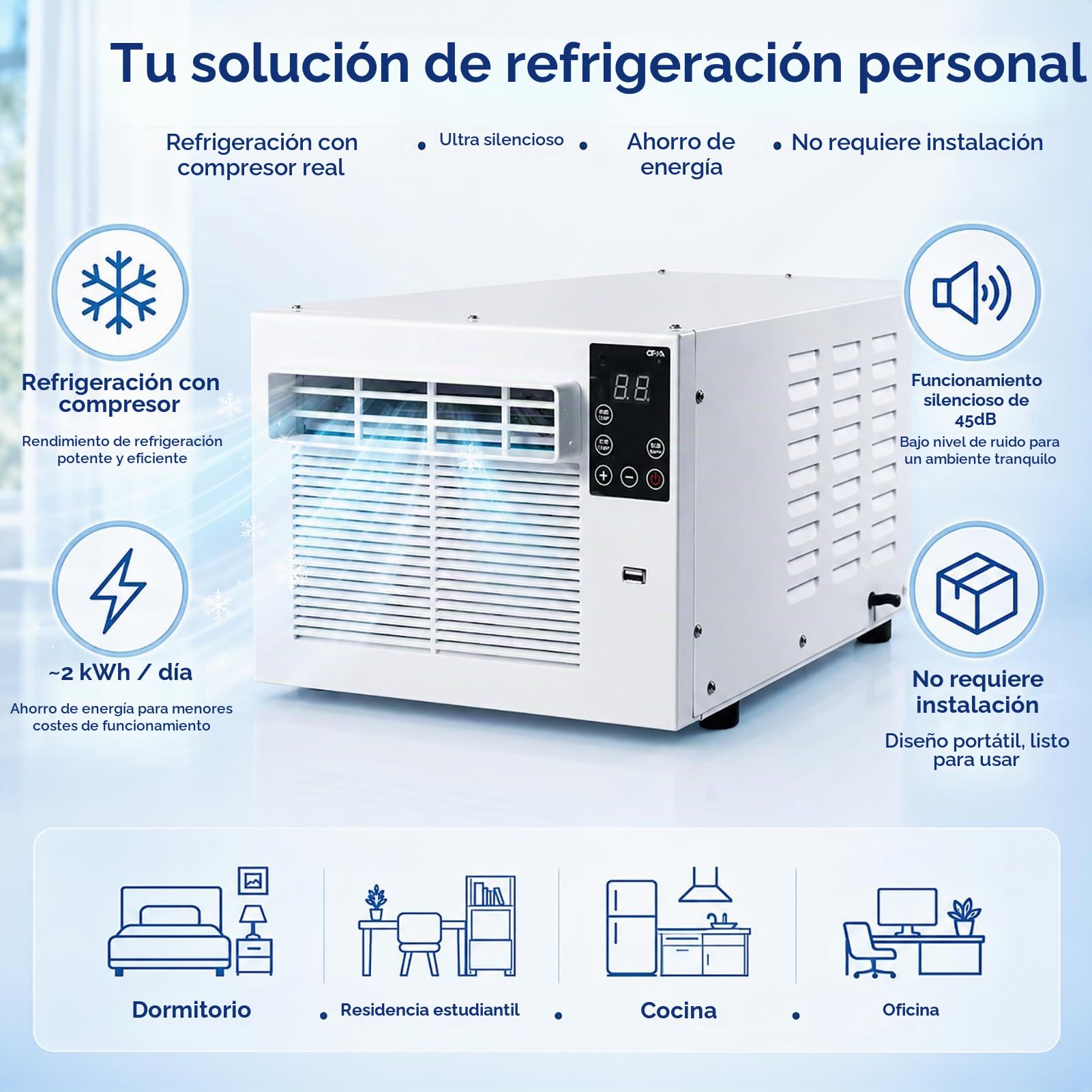 Aire Acondicionado Portátil con Compresor y Enfriamiento Rápido, Silencioso 45dB, Deshumidificador y Temporizador 1-12h, Control Remoto, Bajo Consumo 280W, Ideal para Dormitorio y Cocina