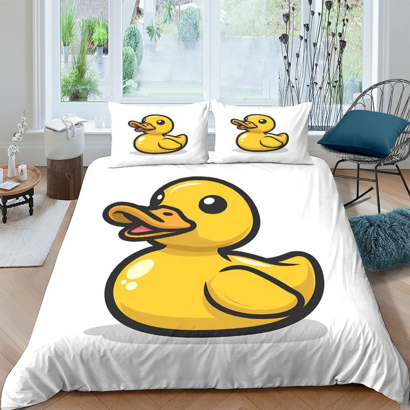 GPLZQXKJNH 3D Printed Yellow Duck Duvet Cover Microfiber Soft Cartoon Animal Bedding Set with 2 Pillowcases for Bedroom Decor Single（135x200cm）