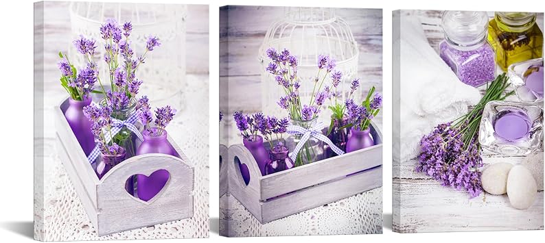 iKNOW FOTO 3 Pieces Canvas Wall Art Purple Lavender Flower & Zen Stone Framed Still Life Painting for Bedroom, Bathroom, Spa Decor Ready to Hang Each 12"x16"