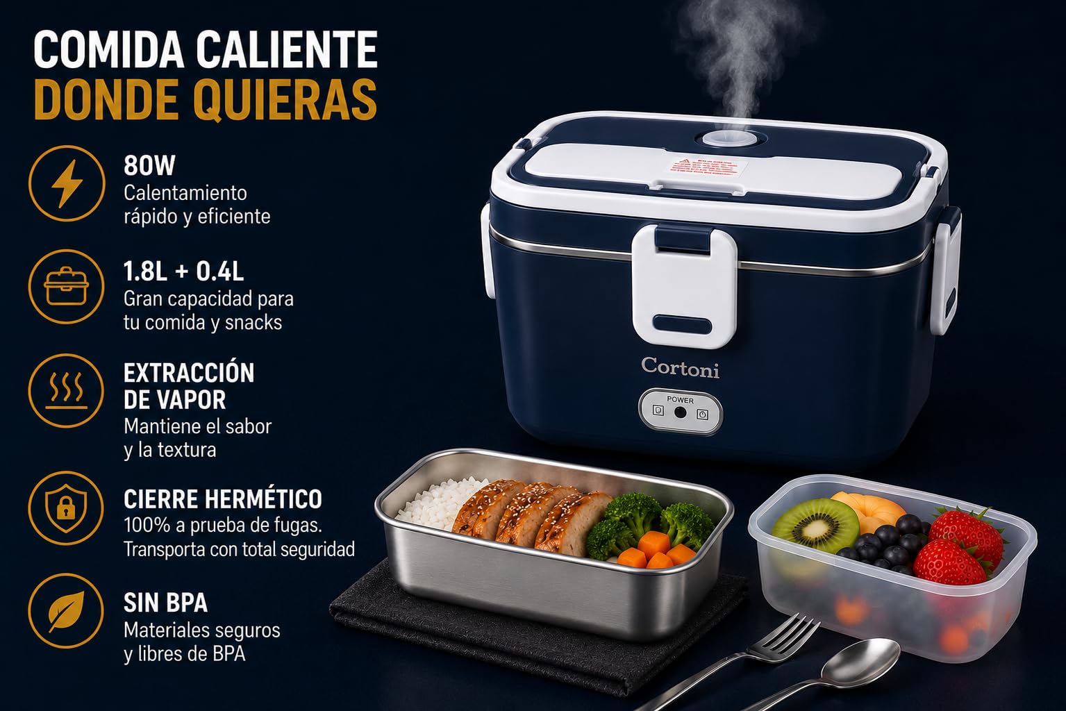 Fiambrera Eléctrica 1,8L + 0,4L – Fiambreras Comida Trabajo, Taper electrico Comida Caliente para Casa, Trabajo, Coche y Camión 12V/24V/220V