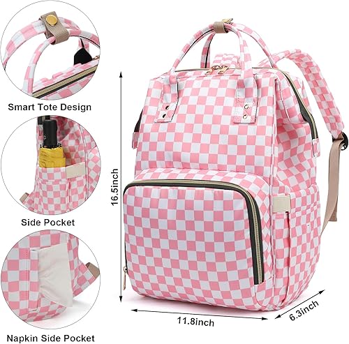 Miniatura 6 de Mochila para pañales para bebé, mochila de gran capacidad, impermeable, para maternidad, viajes, con correas para cochecito, Rosa a cuadros.,