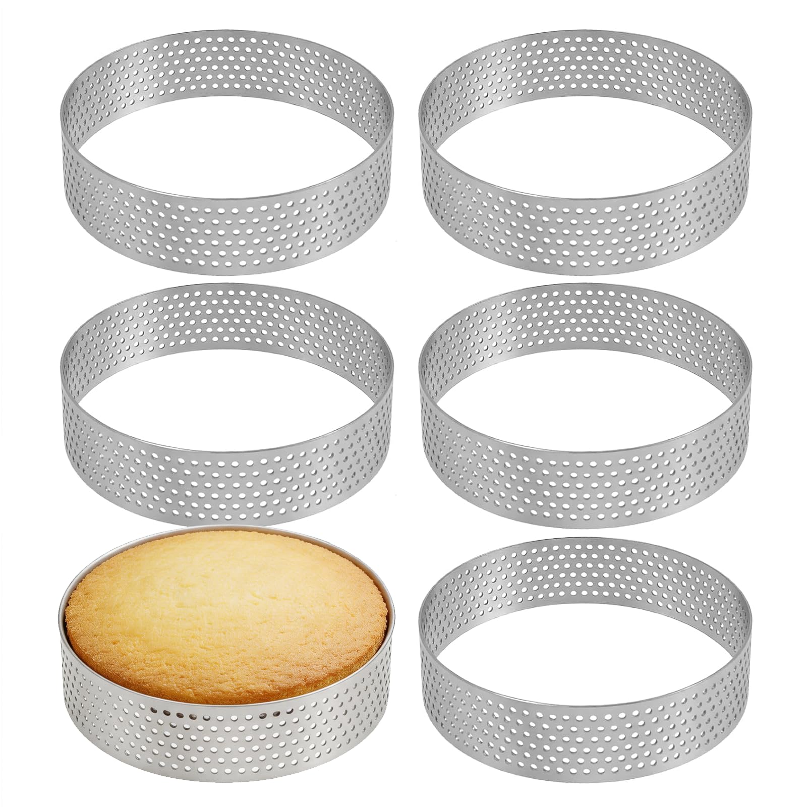 Non-Stick Crumpet Rings - Set of 6, Ø 8 cm Perforated Pastry Moulds in 430 Stainless Steel for Tarts, Mini Cakes, Muffins, and Pizzas
