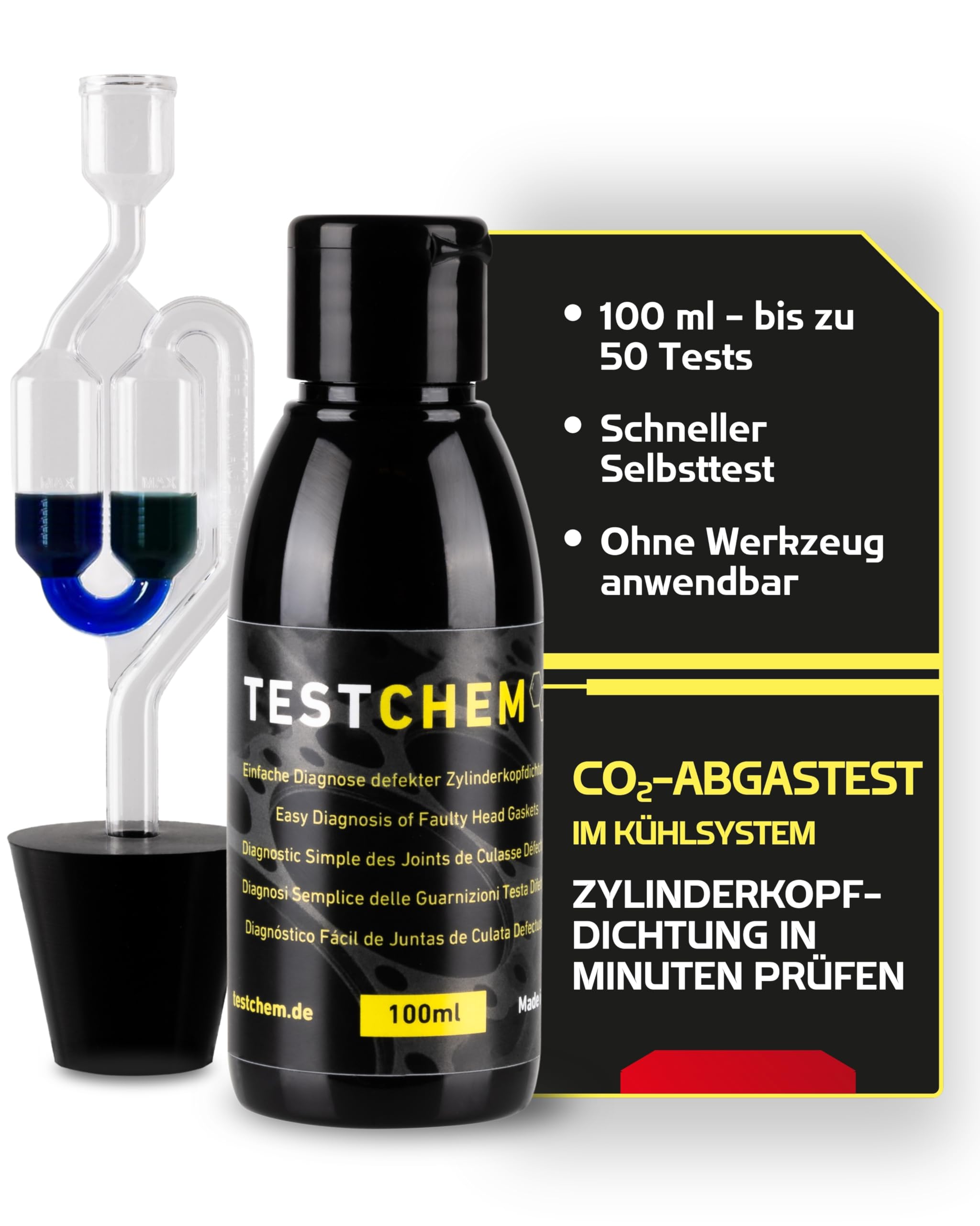 STEEL SEAL TESTCHEM Zylinderkopfdichtung Tester CO2 Kühlwasser 100 ml – Kühlsystem Abgastest Auto – Testkit zur Kopfdichtungsprüfung vor Gebrauch Universal für PKW, LKW & wassergekühlte Motoren