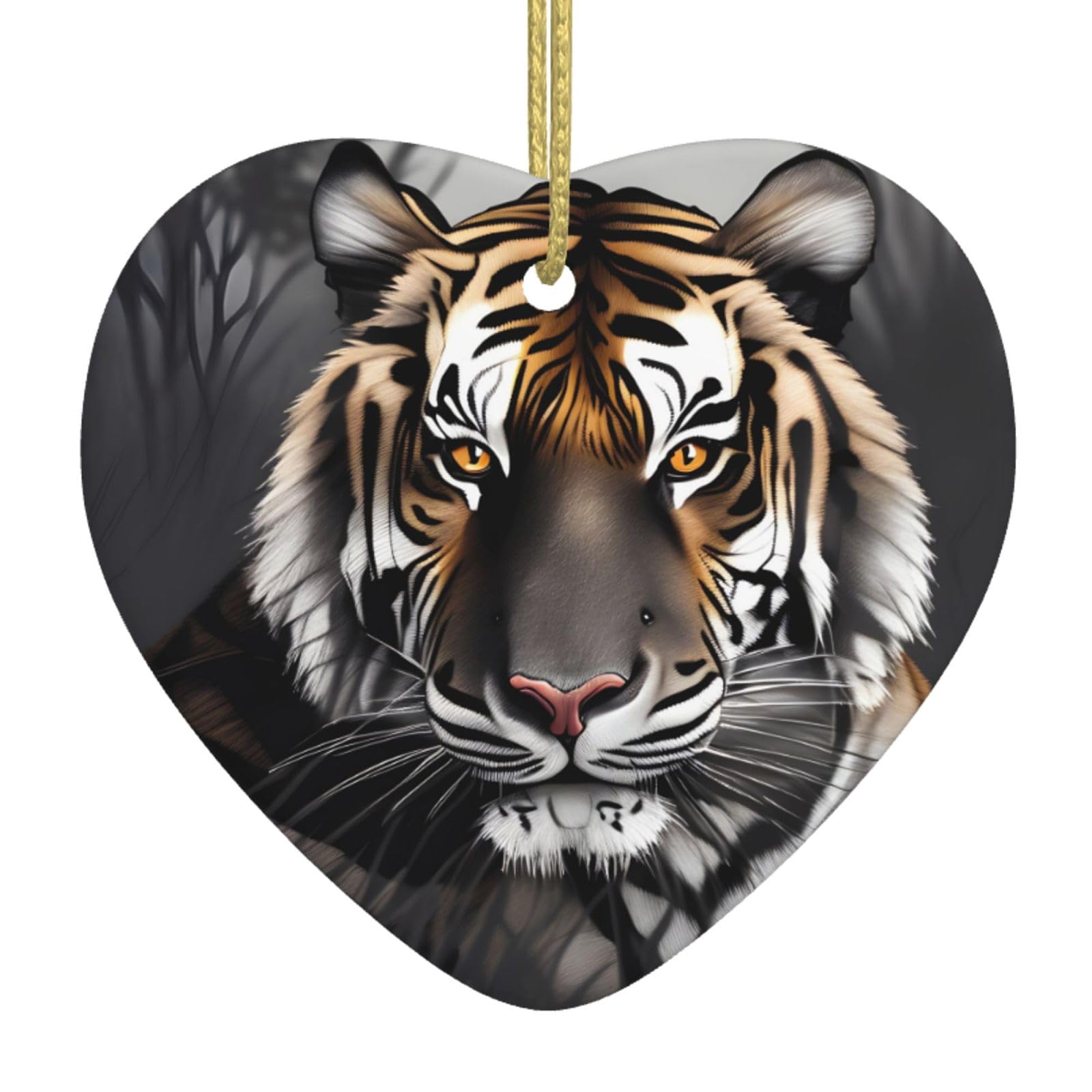 Tiger at Rest Ceramic Christmas Heart Pendant with Silk Thread, Christmas Tree Home Decoration