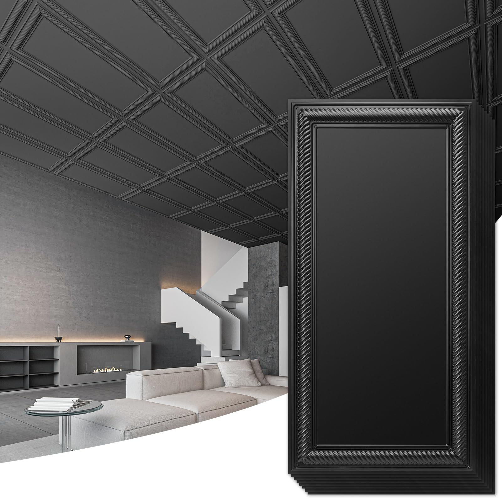 Art3d Drop Ceiling Tiles 24x48, Decorative PVC Ceiling Panels, Waterproof Rustproof and Durable 12-Pack, Glue Down, Rectangular Black