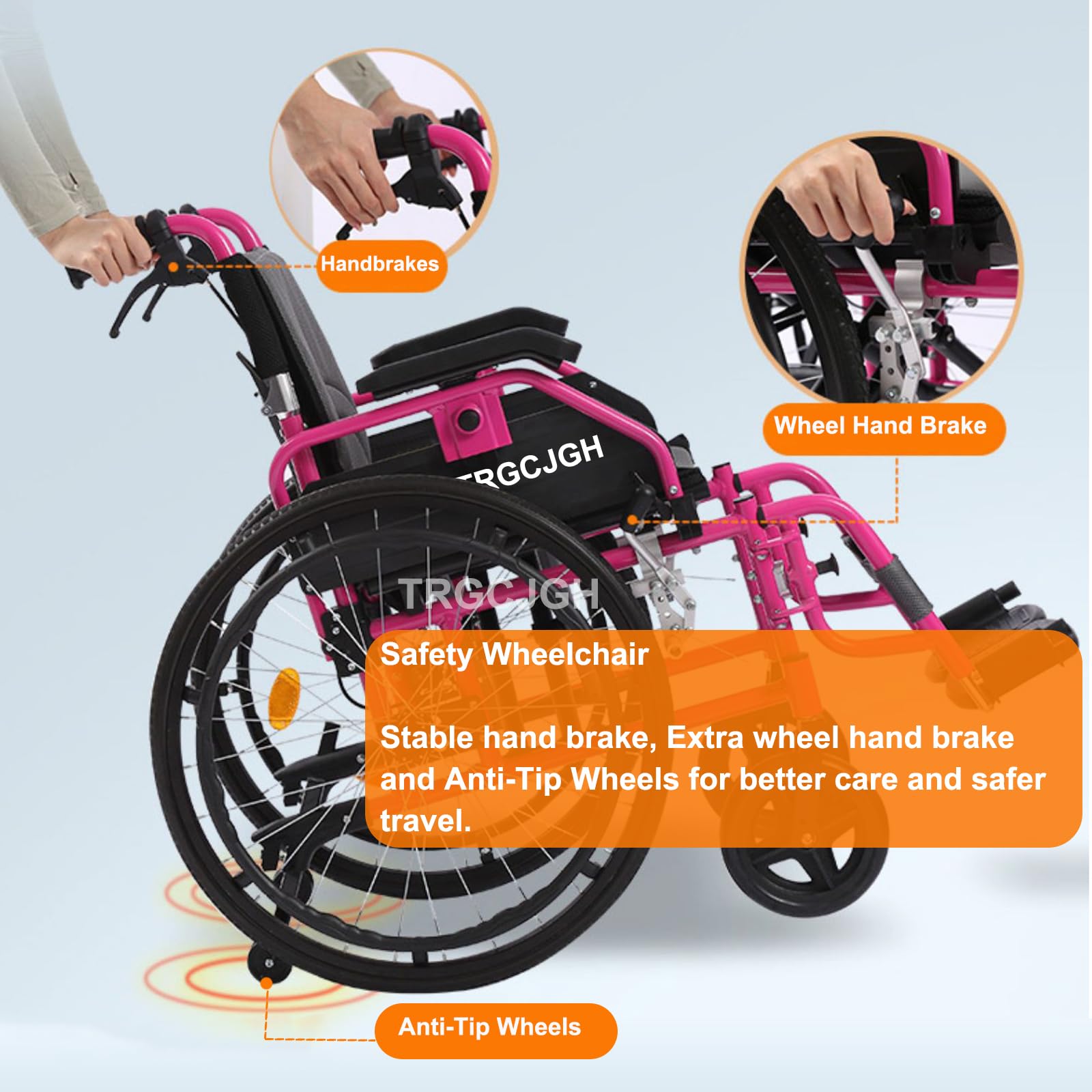 Silla de Ruedas de tránsito, Silla de ruedas aluminio plegable ligera con autopropulsión, Frenos manuales, Antivuelco(18.8" Seat Width,Pink)
