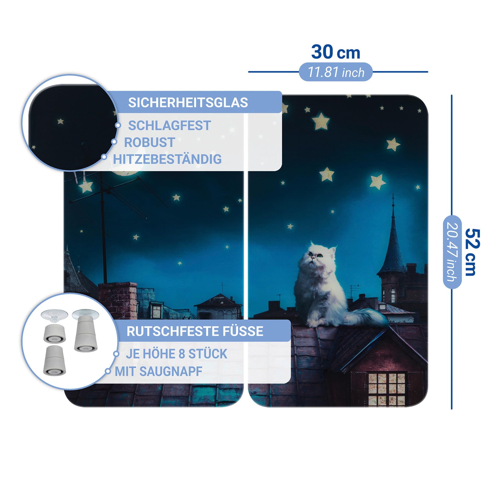 WENKO Herdabdeckplatte Universal Mod. Moon Cat, höhenverstellbar für alle Herdarten, Schneidebrett und Spritzschutz, Glas, 30 x 52 cm, 2-teilig