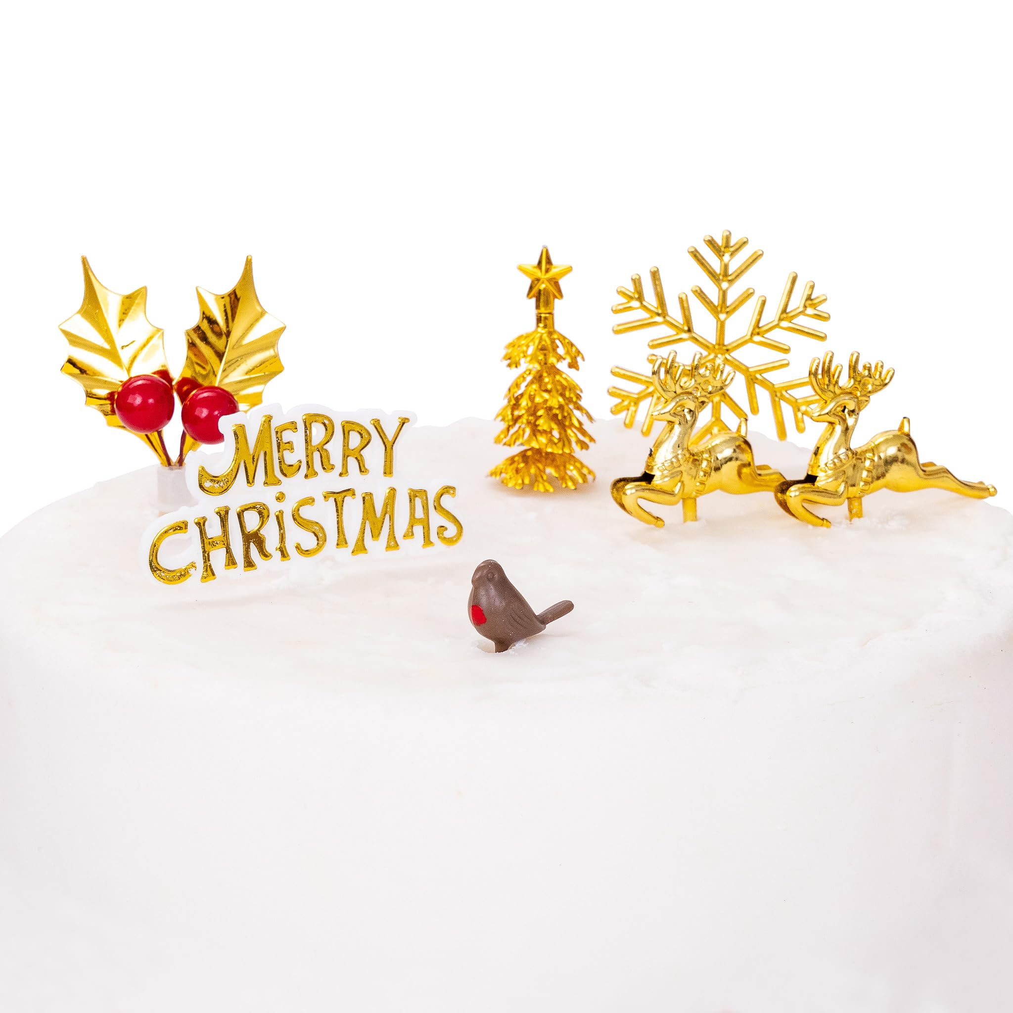 Gold Christmas Cake Decorations Set of 7 Toppers for Muffin Yule Log Includes Reindeers Holy Fir Tree Robin Merry Christmas Sign Motto — image 1