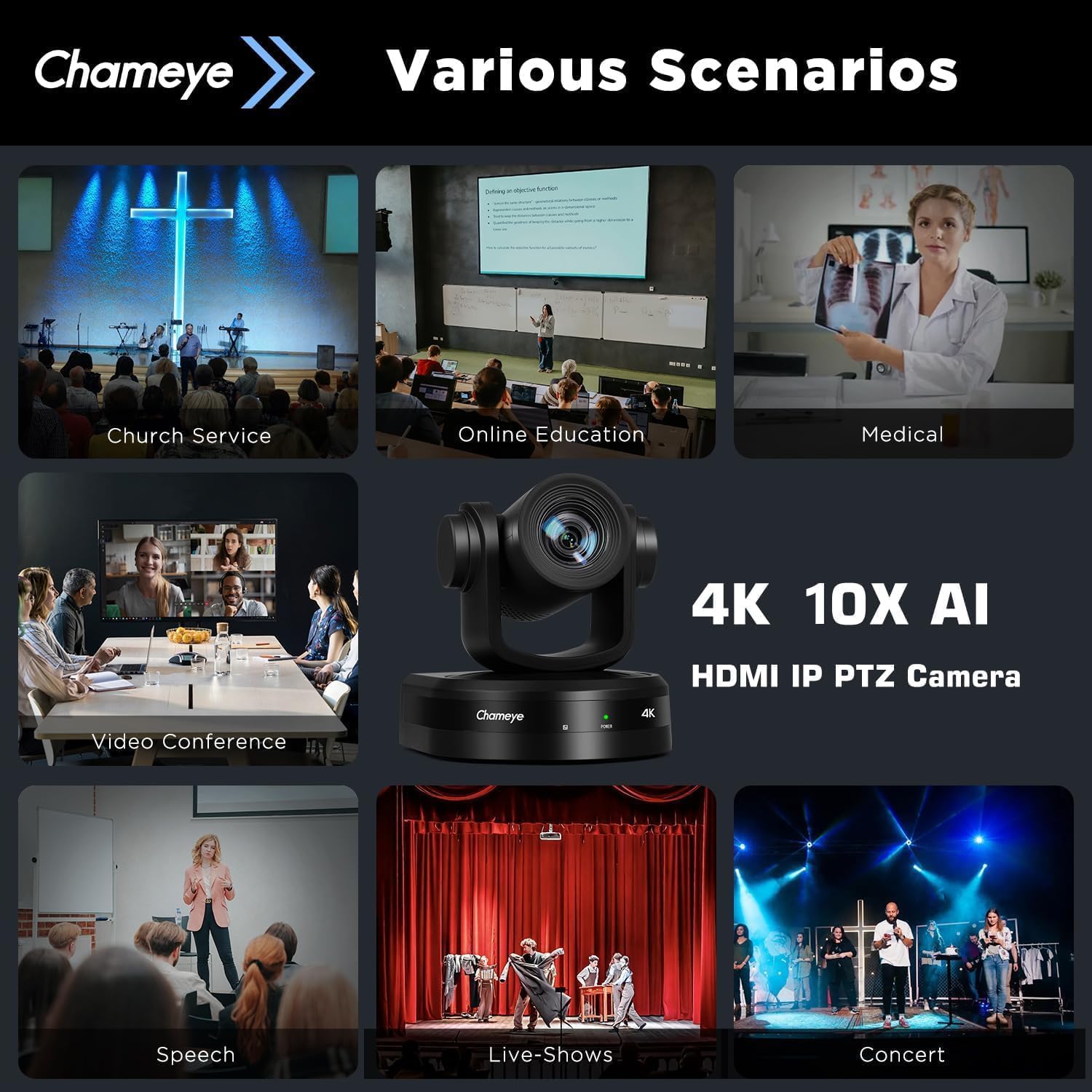 Chameye 4K PTZ Telecamera con 10x Zoom Ottico AI Tracciamento USB3.0/HDMI/LAN(PoE), Registrazione della scheda TF, Telecamera per Conferenze e Streaming YouTube/OBS (C410)