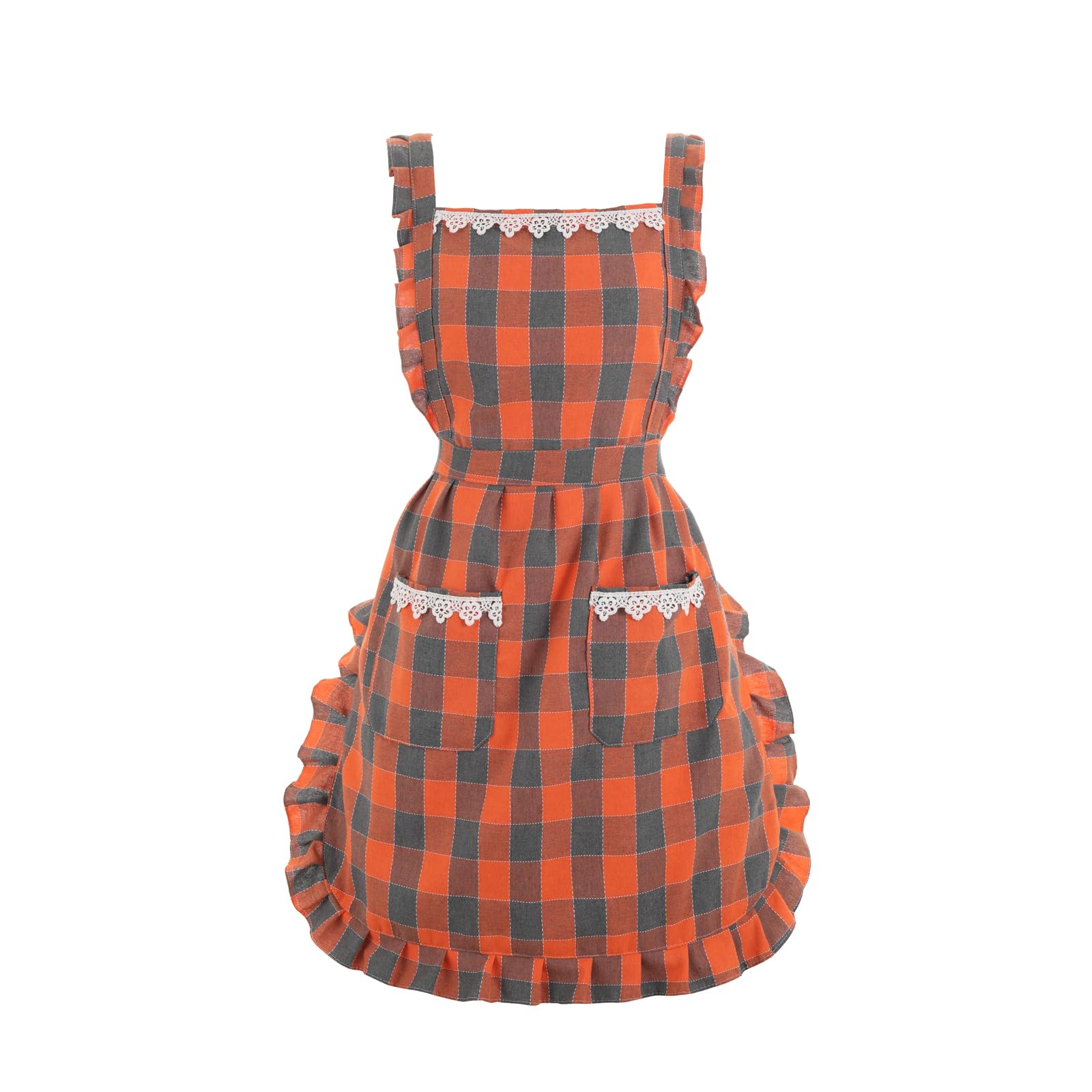 Aoomzoon Cute Aprons for Women with Pockets for Cooking Kitchen Gifts Orange/Plaid