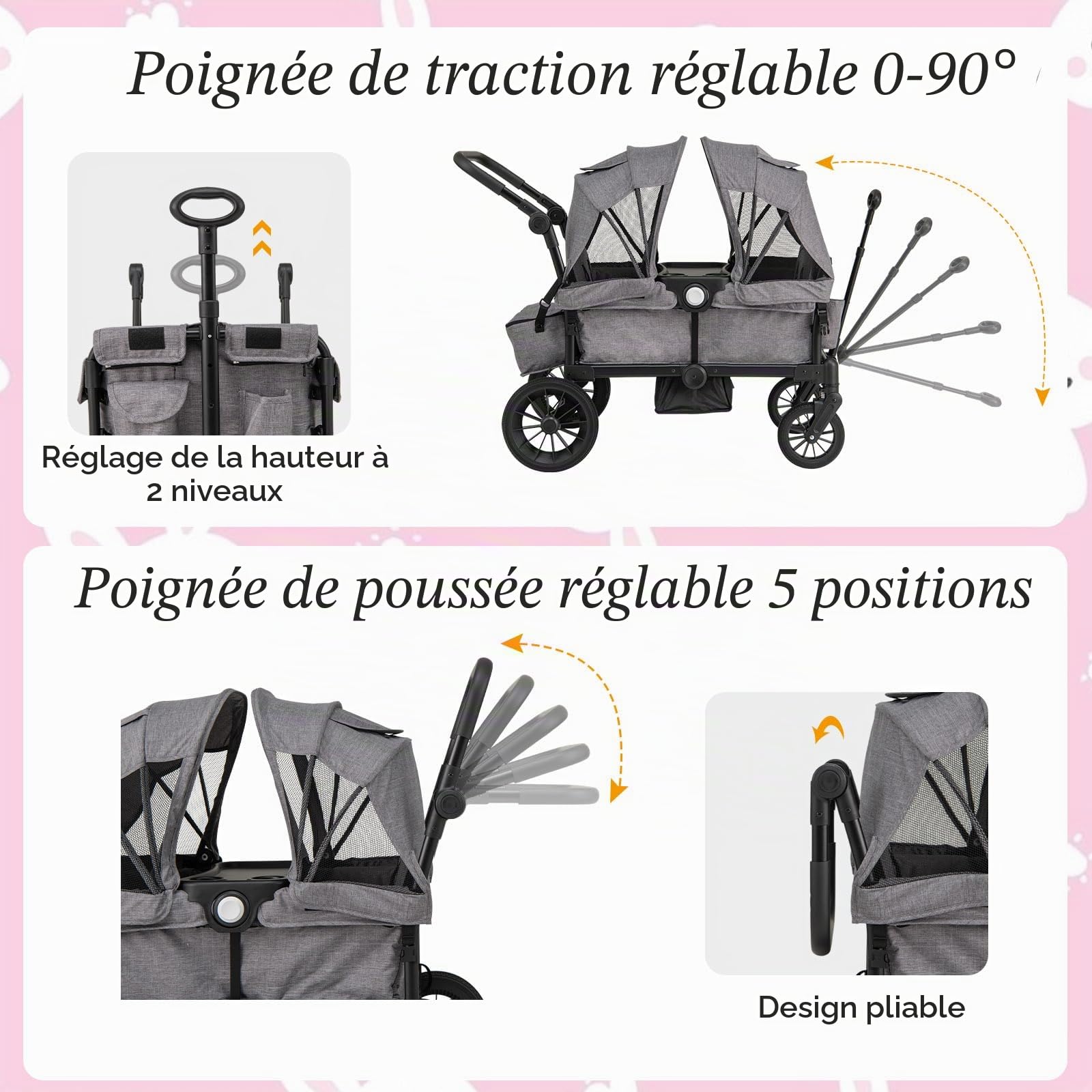 LIFEZEAL Chariot porte-2 enfants 6 + mois, chariot poussé, poussé, poussette, poussette de voyage, pliable, réglable, portable, avec toit, roues, sac à couches, max 50 kg (Gris)