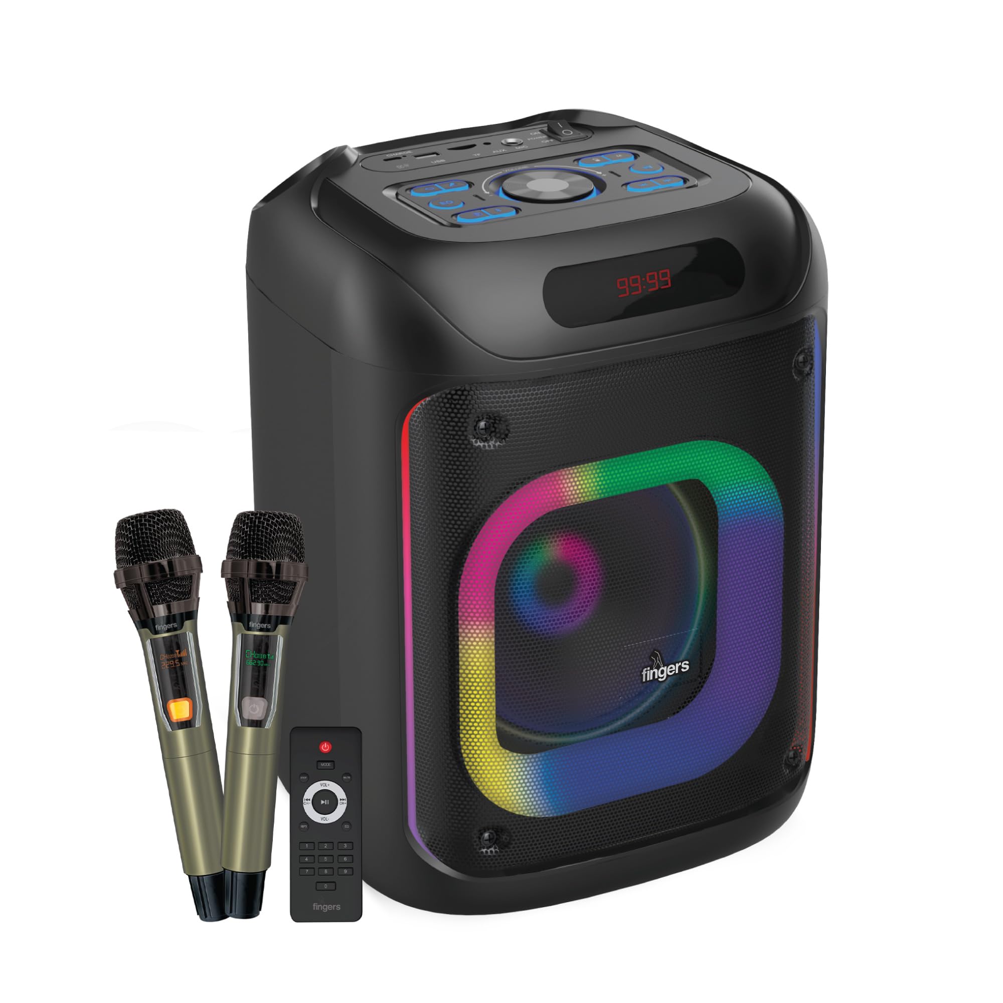 FINGERS 2Mic-ThunderBox45 Portable Speaker with 2 Wireless Mics (40W Immersive Bass, 6.5-Hour Playtime, Dazzling RGB Lights, Recording Feature, TWS Enabled, Bluetooth | USB | AUX | MicroSD | FM Radio-picture-10