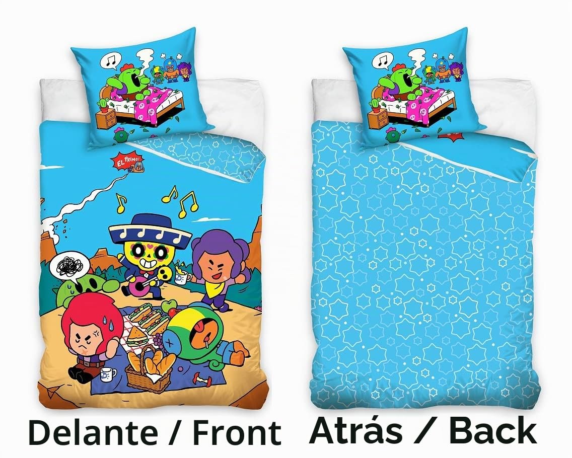 Juego de cama Brawl Stars de 2 piezas 135x200 80x80 cm - Set para niños en calidad Renforcé de 100% algodón con cremallera - color permanente, lavable a máquina, Öko-Tex, motivo EL Primo azul
