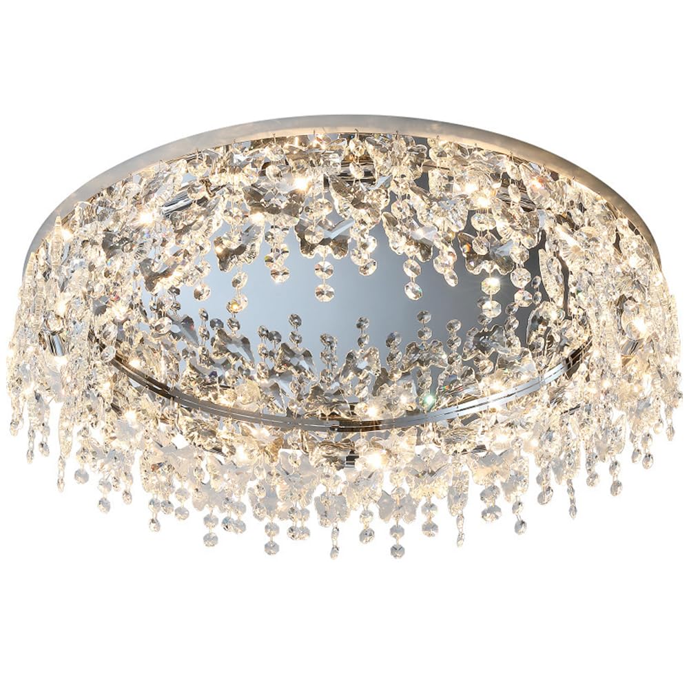 Lustre semi-encastré rond en cristal argenté plafonnier LED cuisine salon et chambre