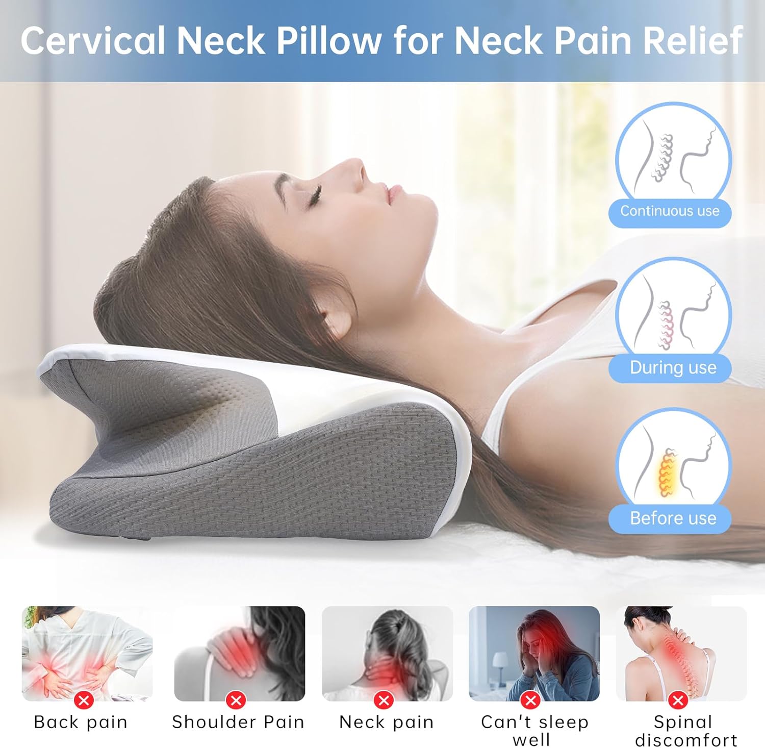 Cervical Neck Pillow for Sleeping,Memory Foam Contour Pillow with Removable,Pillowcase Relieves Neck,Shoulder and Back Pain,Ergonomic Orthopedic Neck Pillows for Side,Back,Stomach Sleepers - Image 2