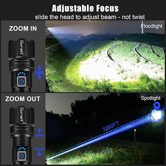 Goreit Super Bright LED Flashlight - 30W Output for 50000 Lumens & 3937ft Beam, USB-C Rechargeable with 12H Runtime, IP67 Waterproof Powerful Handheld Linternas for Home, Camping, Hiking, Emergency