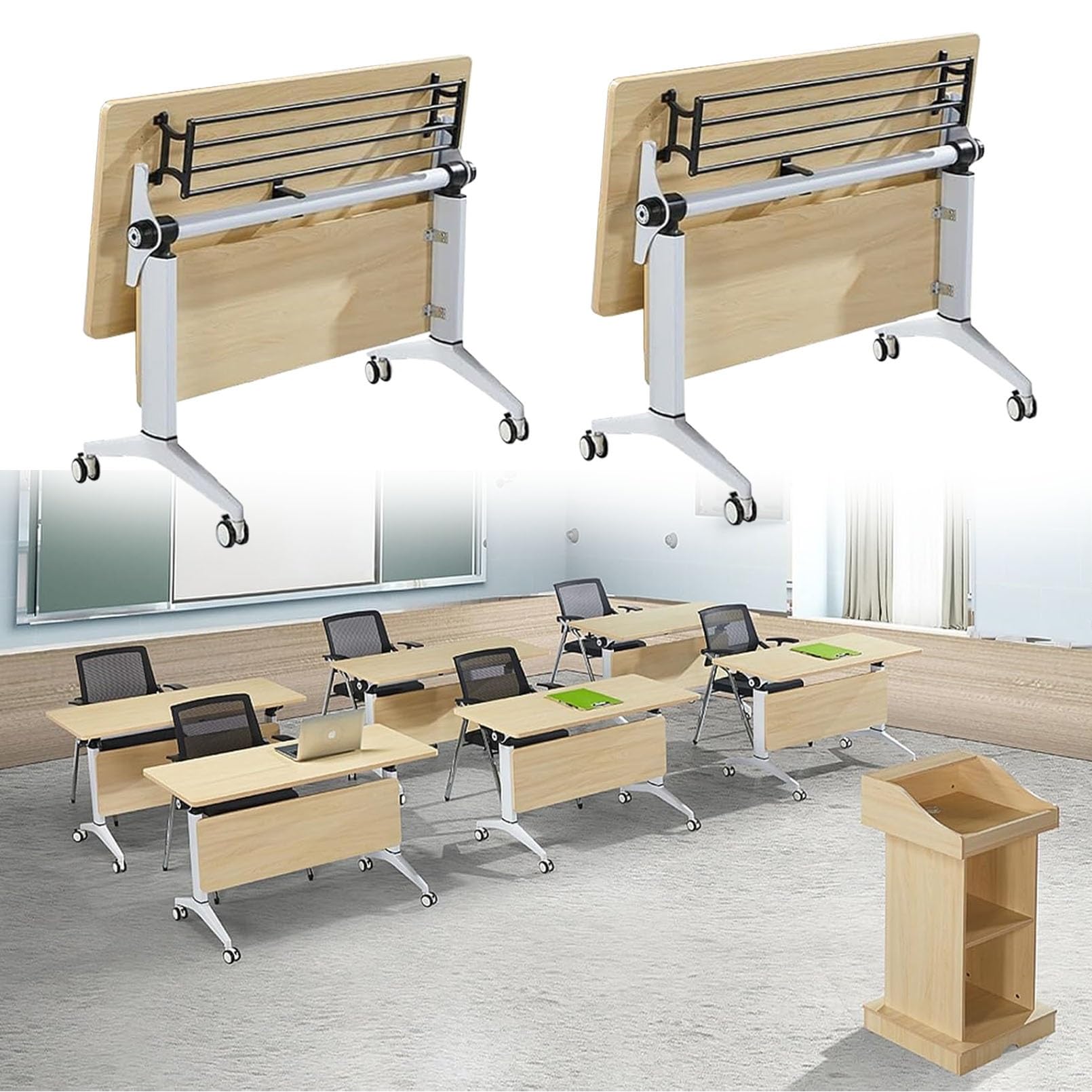 Tavolo da formazione pieghevole multiuso – Piano ribaltabile, 4 ruote piroettanti, acciaio laminato a freddo resistente – Tavolo da seminario pieghevole per sala riunioni, sessioni di formazione, sp