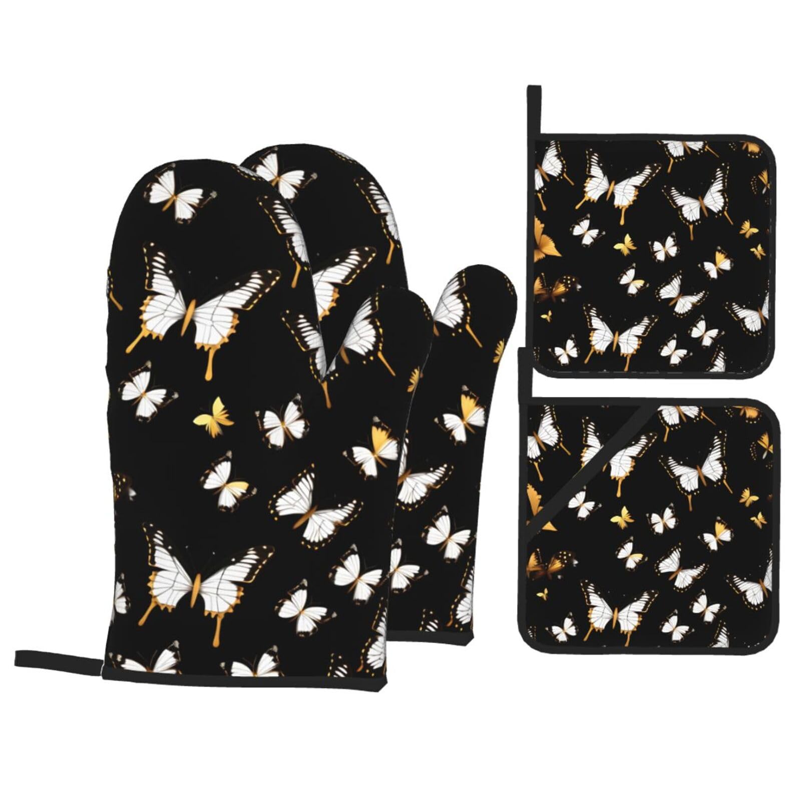 Gold White Butterflies Black Print 4-Piece Heat-Resistant Oven Waterproof Kitchen Gloves Cooking Roasting Essential