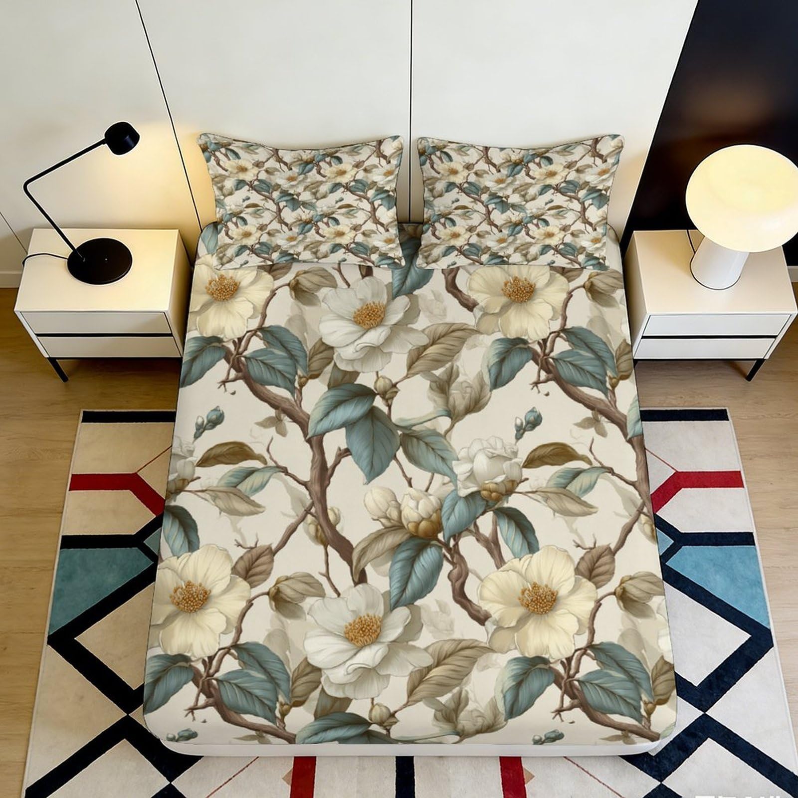 3D Printed Magnolia Botanical Fitted Sheet Microfiber Anti-Slip Mattress Cover for Bedroom Guest Room Dorm Decor 90x200x25cm