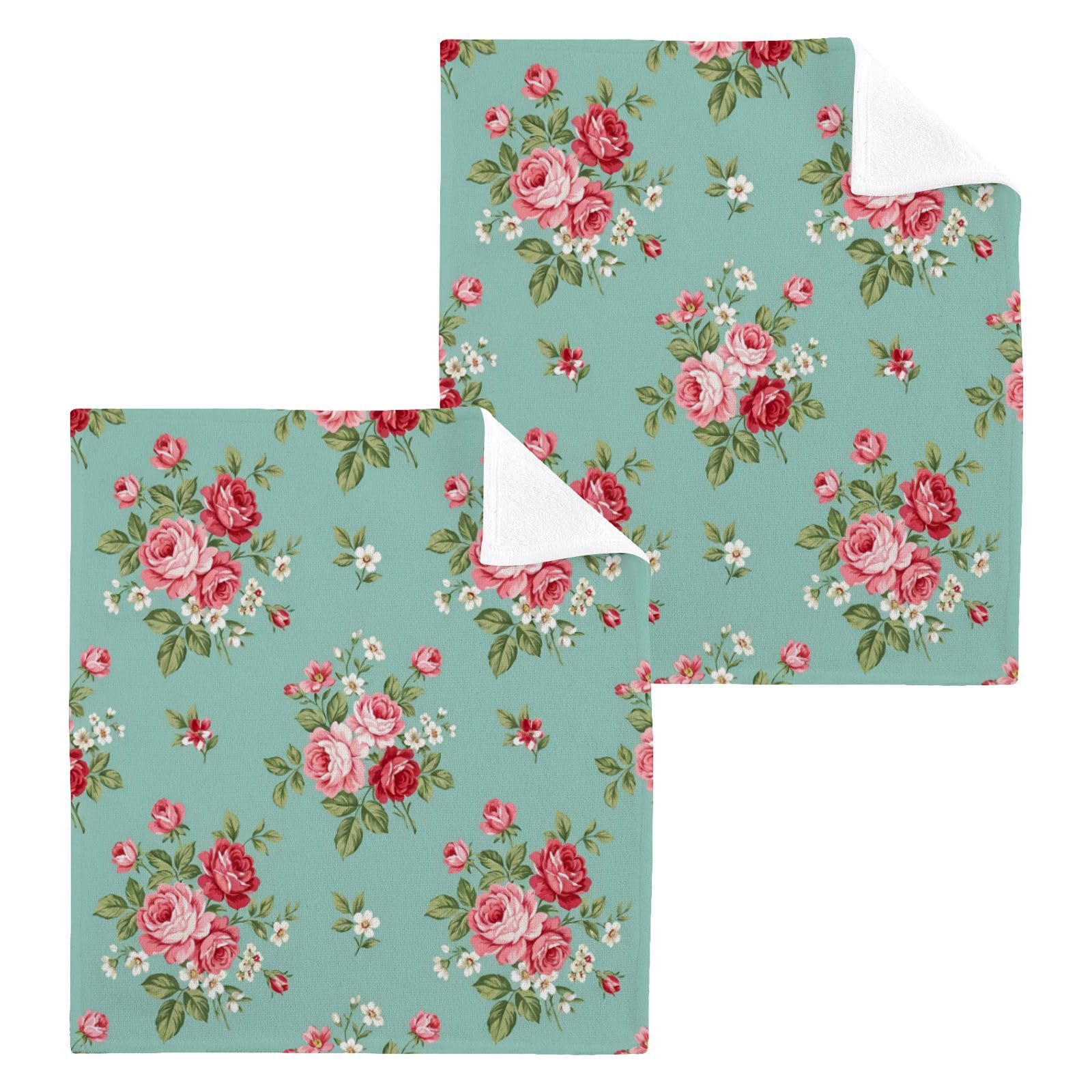 BOESI Mint Green Rose 12x12in Cotton Washcloth,Face Towel