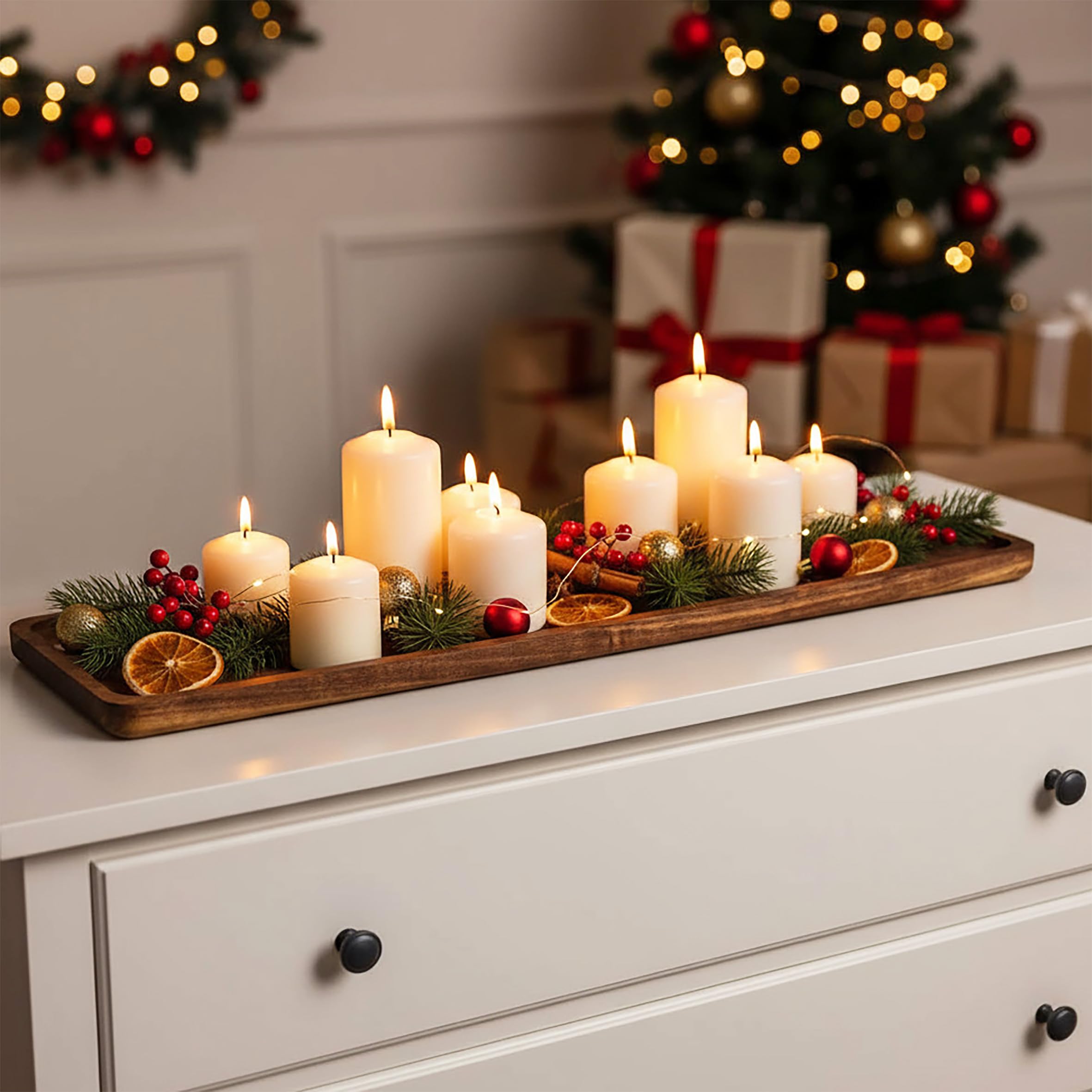 Vassoio decorativo in legno di acacia naturale – 60 x 15 cm – Piatto candela in legno massello – Vassoio per candele, vassoio in legno di acacia – Decorazione da tavolo per Natale Avvento matrimonio