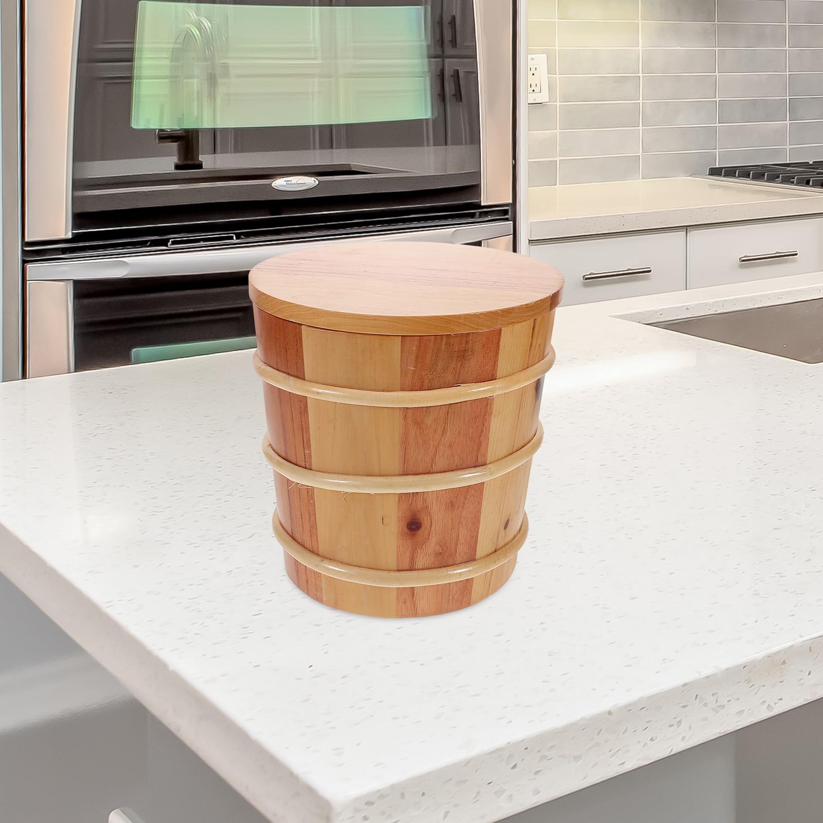 PRETYZOOM Cubo de Arroz Japonés Redondo de Madera Café con Tapa