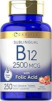 Vista 1 de Carlyle Vitamin B12 Sublingual 2500 mcg 250 Fast Dissolve Tablets Cyanocobalamin Supplement with Folic Acid for Adults Natural Berry Flavor