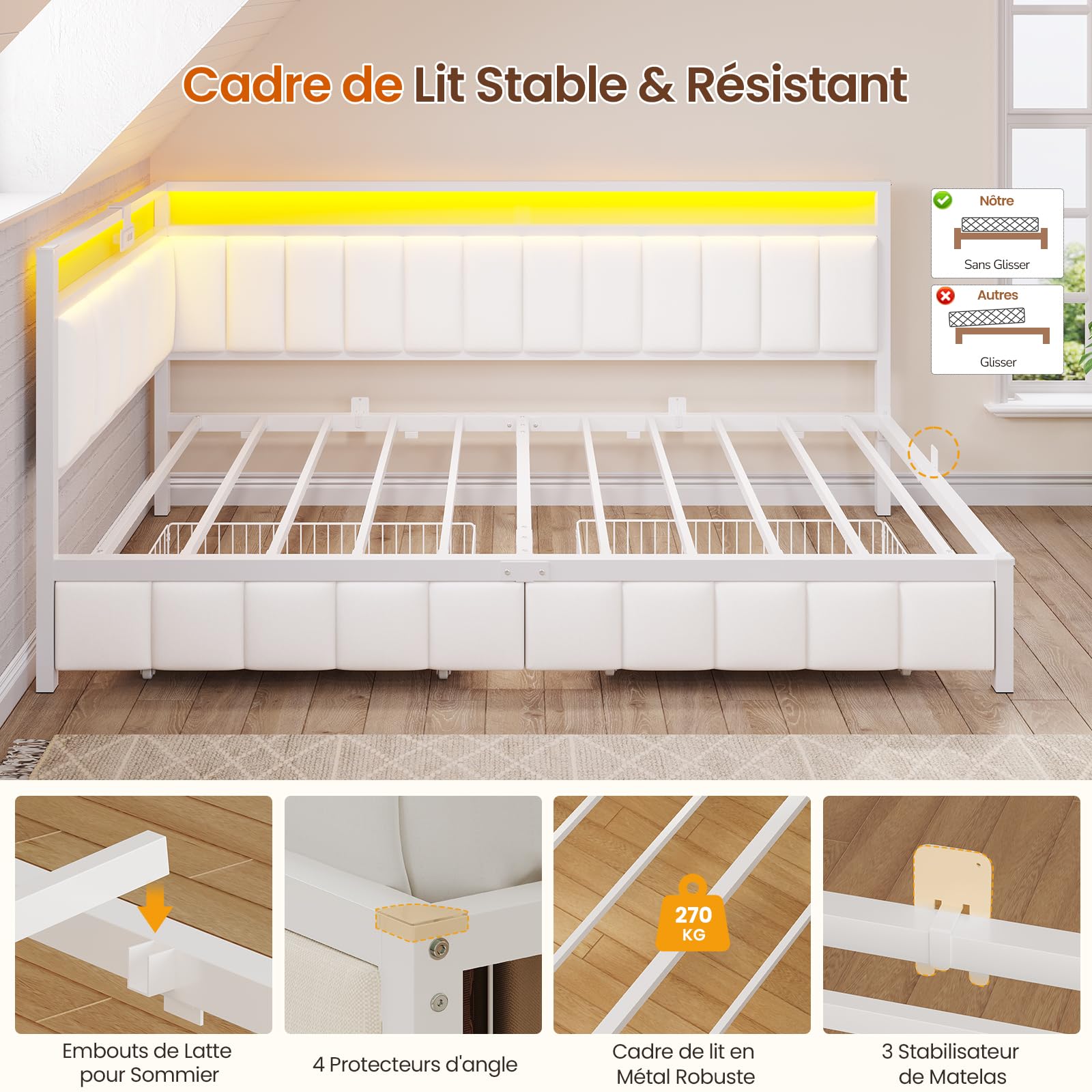 DICTAC Canapé lit 90x190 avec éclairage LED et Prise USB,Cadre de Lits 90x190 avec Sommier à Lattes en métal,Lit Banquette Lits Coffre avec 2 tiroir de Rangement pour Studio/Chambre,Beige-sans Matela