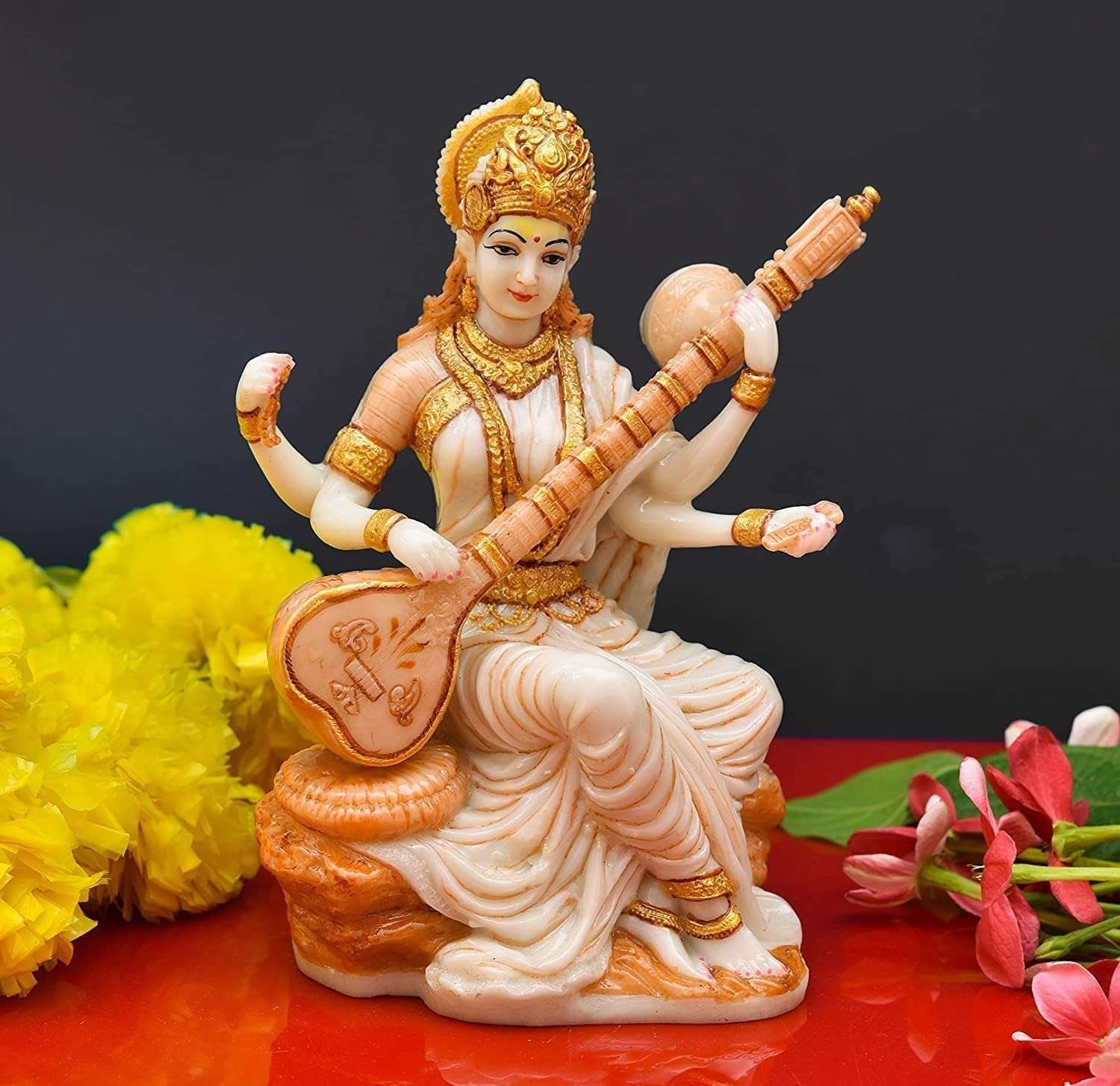 Khamma Ghanni Handicraft 7 Inches Beautiful Maa Saraswati Murti Sculpture Hindu Goddess Saraswati Ji Murti God Idol for Knowledge Meena Vadak Statue, Teachers Day Gift (Marble), Multicolor, Idol