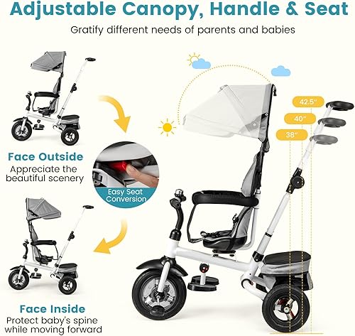 Miniatura 40 de HONEY JOY Triciclo, cochecito de bebé 6 en 1 con asa de empuje ajustable y toldo, cesta de almacenamiento, barandilla desmontable, arnés